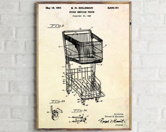 Shopping Cart Patent Print. Store Service Truck Invention, Shopping Trolley Blueprint Poster. Vintage Wall Art. Shopaholic Gift