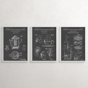 May include: Three black and white vintage patent drawings for a coffee pot, tea bag, and coffee maker. The drawings are framed in white and have the text "United States Patent Office" at the top.