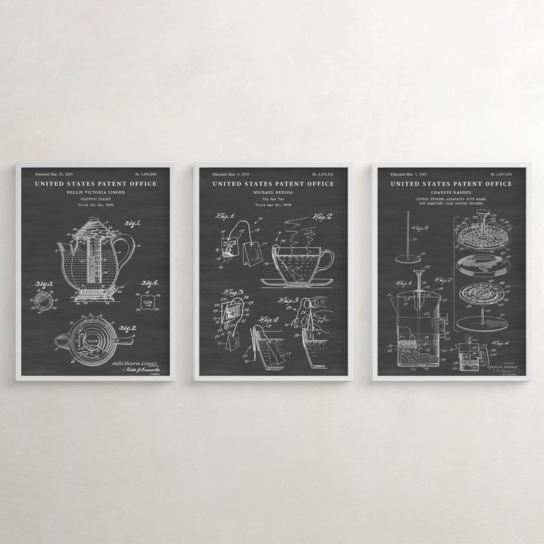 May include: Three black and white vintage patent drawings for a coffee pot, tea bag, and coffee maker. The drawings are framed in white and have the text "United States Patent Office" at the top.