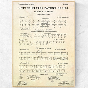 Impression brevet 1840 Code Morse. Poster du plan Telegraph Inventions, art mural vintage crypté, décoration cryptographe, cadeau pour amateur d&#39;histoire