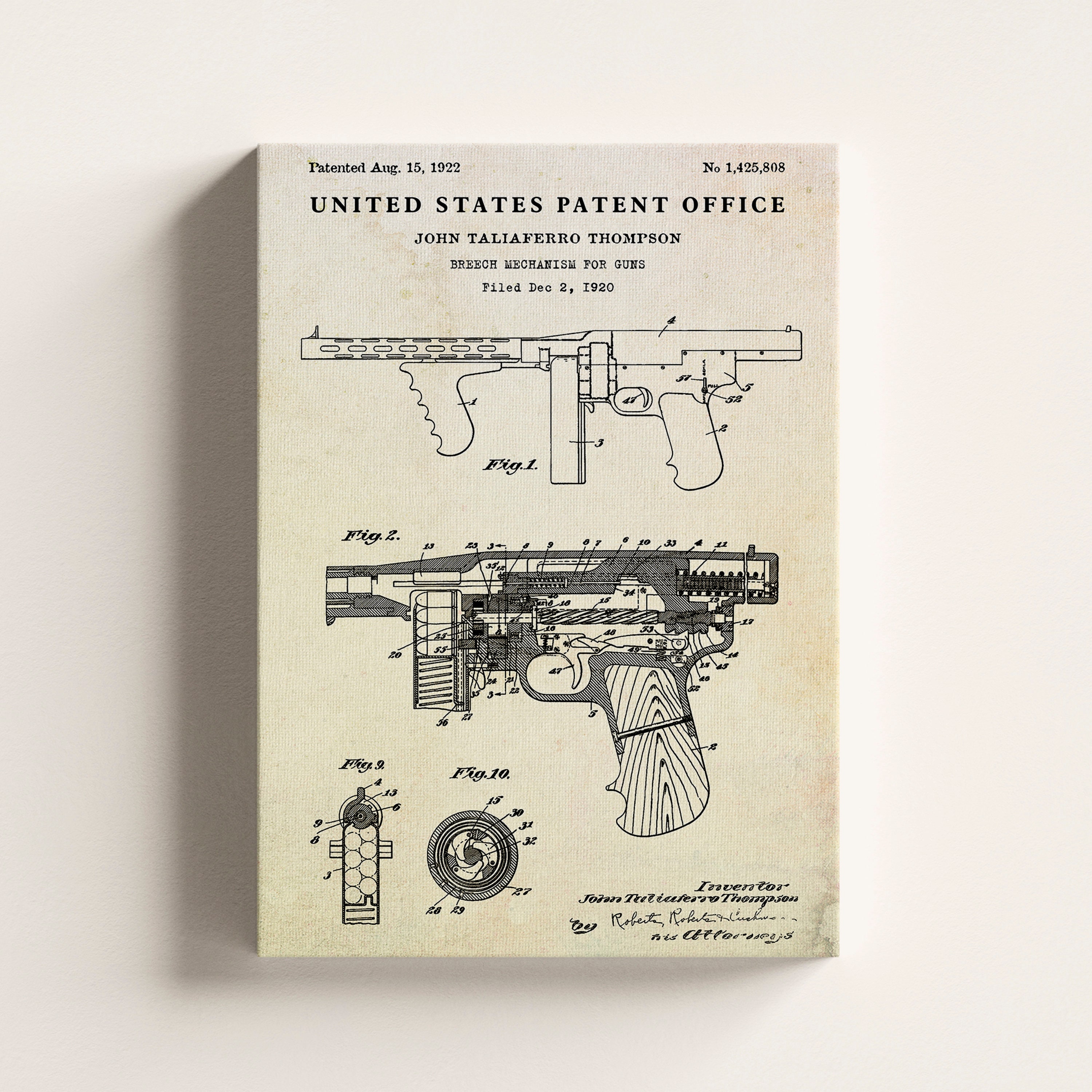 トンプソン短機関銃 1922年特許図面。銃器発明 トミーガン設計図