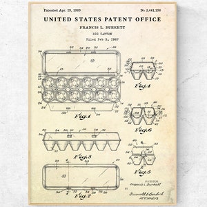 Dozen Egg Carton 1969 Patent Print. Egg Storage Invention, Egg Tray Blueprint Poster, Chicken Farmer Gift, Kitchen Wall Art Vintage Decor