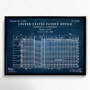 May include: A blue and white vintage patent drawing for a general ledger, patented on March 3, 1903, by Charles A. Schofield. The patent number is 721,960. The drawing shows a detailed design of a ledger with columns and rows for recording financial transactions.
