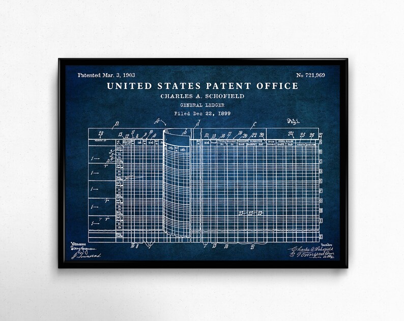 May include: A blue and white vintage patent drawing for a general ledger, patented on March 3, 1903, by Charles A. Schofield. The patent number is 721,960. The drawing shows a detailed design of a ledger with columns and rows for recording financial transactions.