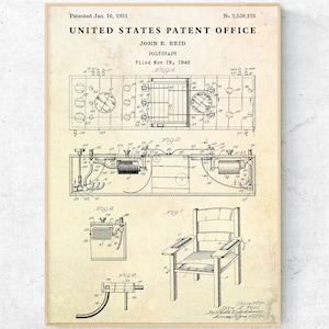 May include: A black and white vintage patent drawing for a polygraph, or lie detector, machine. The drawing shows the machine's internal components and a chair for the subject. The patent was filed on November 19, 1945, and granted on January 16, 1951. The patent number is 2,538,125.