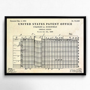 May include: A black and white patent drawing for a general ledger, patented on March 3, 1903, by Charles A. Schofield. The drawing shows a ledger with columns for date, account, debit, credit, and balance. The patent number is 721,969.