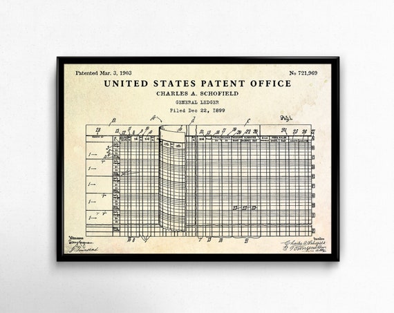 General Ledger 1903 Patent Print. Accountanting Inventions Blueprint Poster, Accountant Gift, Office Vintage Wall Art, Ready to Hang Canvas