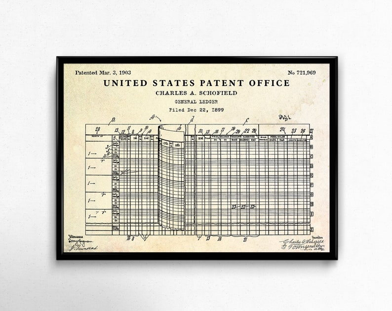 May include: A black and white patent drawing for a general ledger, patented on March 3, 1903, by Charles A. Schofield. The drawing shows a ledger with columns for date, account, debit, credit, and balance. The patent number is 721,969.