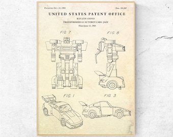 Puede incluir: Ilustración de patente de un Autobot Jazz de Transformers G1. El dibujo en blanco y negro muestra el robot en diferentes formas, incluyendo un coche y el modo robot. La fecha de la patente es el 22 de octubre de 1985.