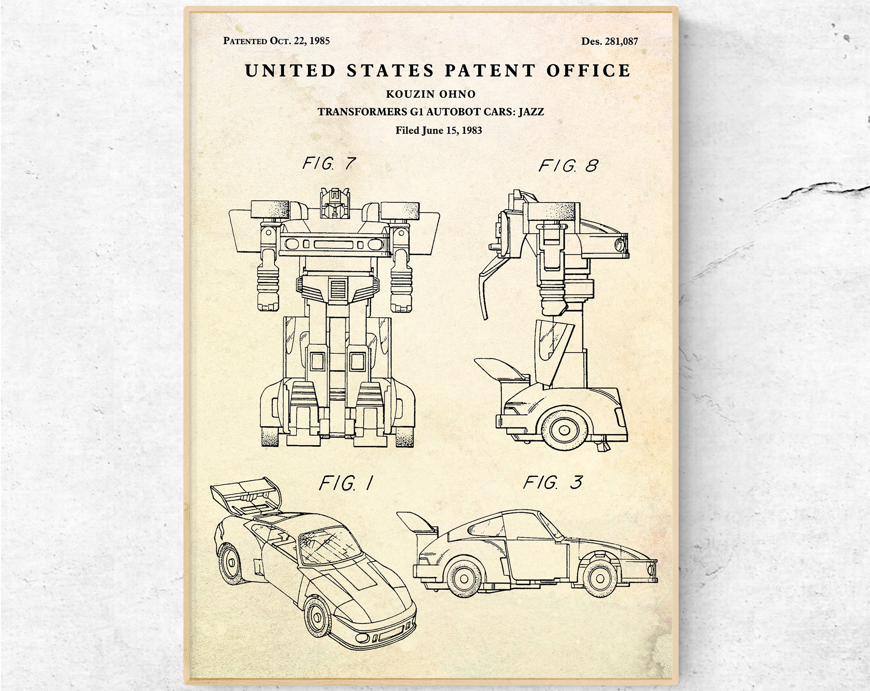 Transformers Jazz brevet Américain Art Imprimé Prêt à encadrer 1985 Ohno Autobot voiture 