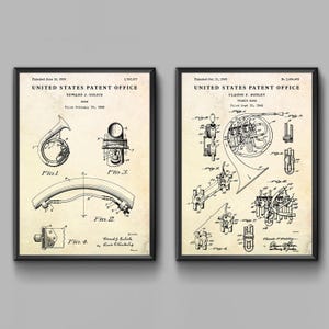 French Horn Patent Wall Art. Brass Instrument Inventions Blueprint Poster, Music Room Decor. Set of 2 Prints