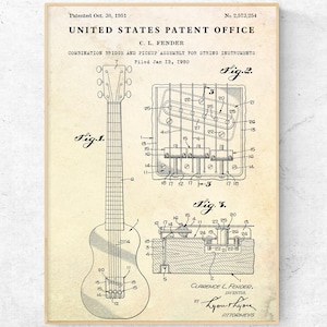 Fender Guitar 1951 Patent Print. Electric Guitar Blueprint Poster. Gift for Guitarist. Music Instrument Vintage Wall Art
