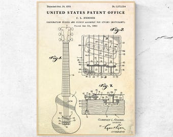 Impresión de patente de guitarra Fender de 1951. Póster con plano de guitarra eléctrica. Regalo para guitarristas. Arte mural vintage de instrumentos musicales.