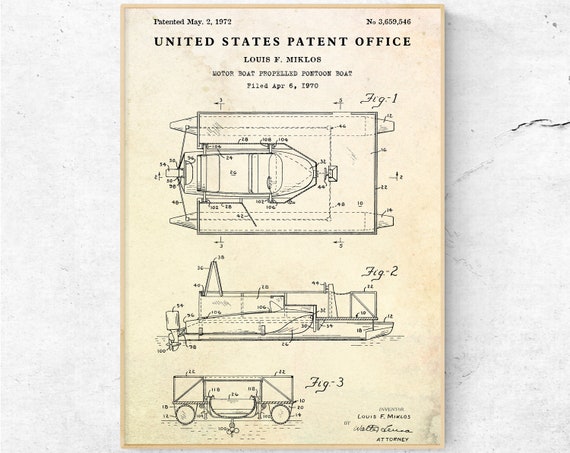 Pontoon Boat 1972 Patent Print. Inventions Blueprint Poster