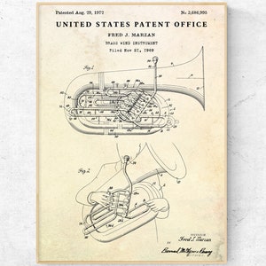 May include: A black and white line drawing of a patent for a brass wind instrument. The patent is titled "Brass Wind Instrument" and was filed on 21 November 1969. The patent number is 3,686,995. The patent was granted on 29 August 1972. The patent drawing shows a side view of the instrument and a person playing the instrument.