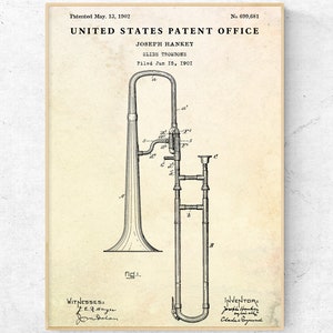 May include: A black and white line drawing of a slide trombone patent from 1902. The patent is titled "Slide Trombone" and was filed on 15 June 1901. The patent number is 600,681.