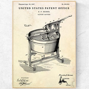 Antique Washing Machine 1887 Patent Print. Blueprint Poster. Vintage Laundry Room Wall Art. Steampunk 19th Century Decor