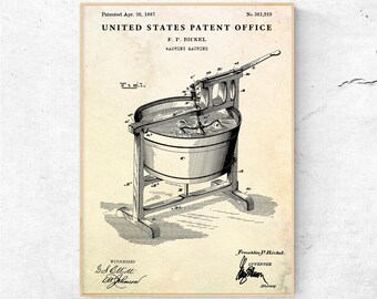 アンティーク洗濯機 1887年特許図面。設計図ポスター。ヴィンテージ