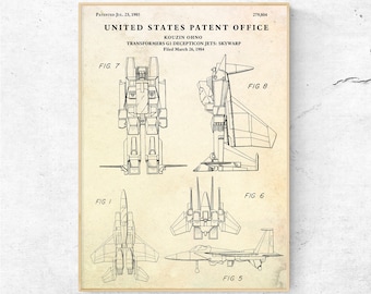 トランスフォーマー ディセプティコン ジェット スカイワープ 特許図面。ロボット玩具設計図ポスター。男の子の部屋の壁飾り