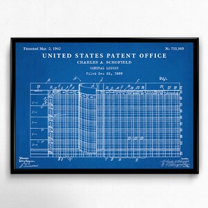 May include: A blue and white blueprint of a patent for a general ledger, patented on March 3, 1903, by Charles A. Schofield. The patent number is 721,969. The patent was filed on December 22, 1899.