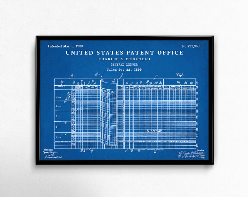 May include: A blue and white blueprint of a patent for a general ledger, patented on March 3, 1903, by Charles A. Schofield. The patent number is 721,969. The patent was filed on December 22, 1899.