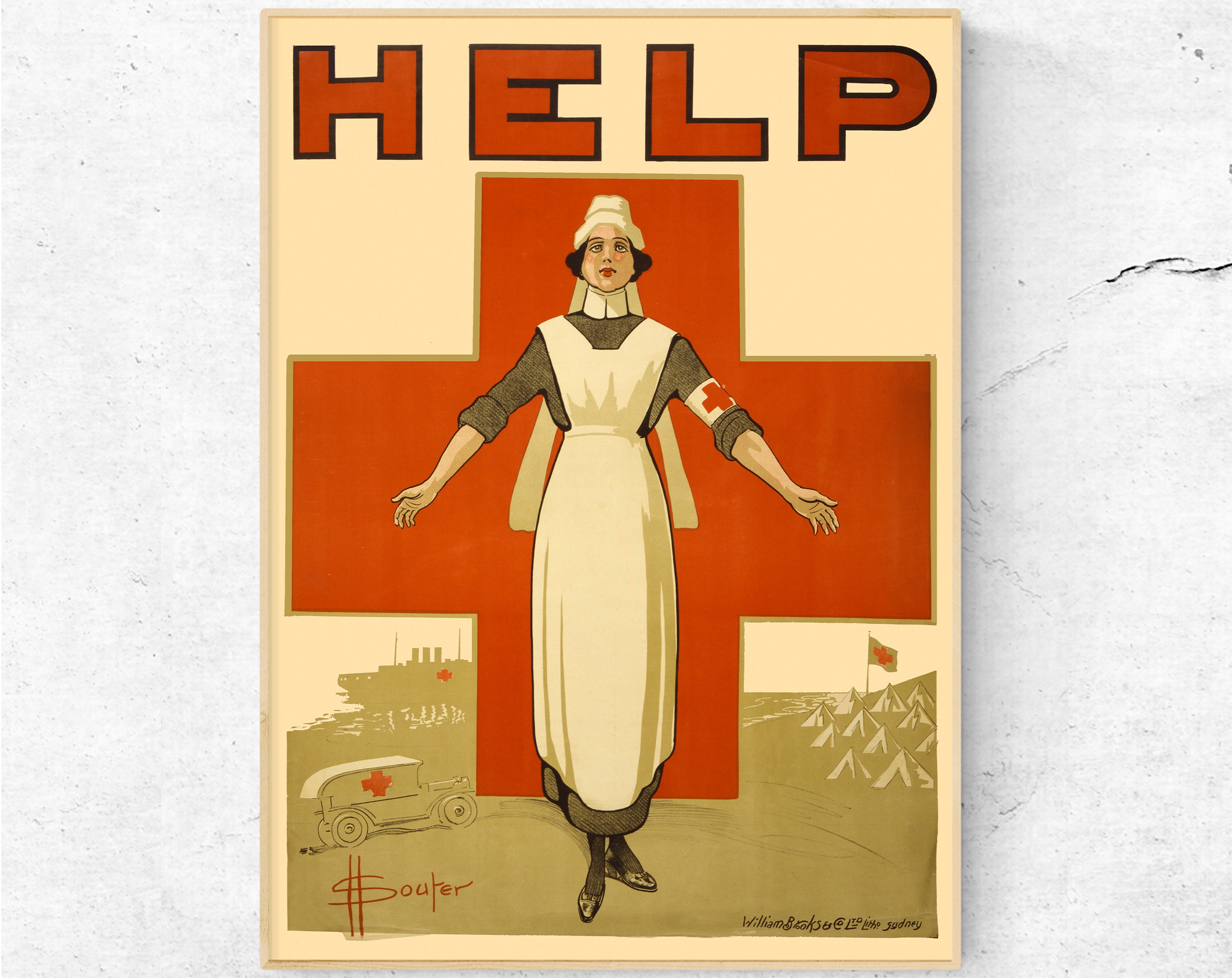 World War I Poster: Red Cross Nurse Help Print, Vintage Wall Art