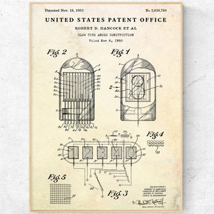 May include: A black and white vintage patent drawing for a glow tube anode construction. The drawing shows a side view of the tube with a grid of wires inside. The patent number is 2,618,760 and the patent was filed on November 6, 1950. The inventors are Robert D. Hancock, Charles E. Williams, Glenn E. Matson, and Harold C. Anderson.