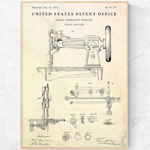 Puede incluir: Un dibujo en blanco y negro de una máquina de coser patentada el 15 de enero de 1867. La patente es para una máquina de coser inventada por Isaac Merritt Singer. El número de patente es 61.270. El dibujo muestra la máquina de coser en detalle, con todas sus partes etiquetadas.