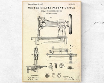 Singer naaimachine 1867 patentprint. Naaister cadeau. Uitvindingsblauwdrukposter. Mode vintage muurkunst