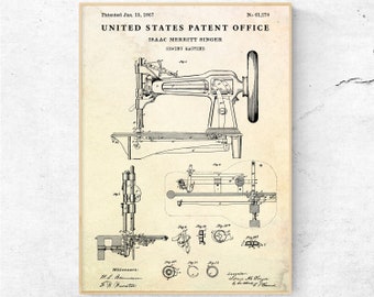 Singer Sewing Machine 1867 Patent Print. Seamstress Gift. Invention Blueprint Poster. Fashion Vintage Wall Art