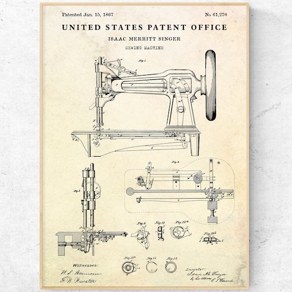 Machine à coudre Singer 1867, impression brevet. Cadeau couturière. Affiche du plan de l'invention. Art mural vintage tendance