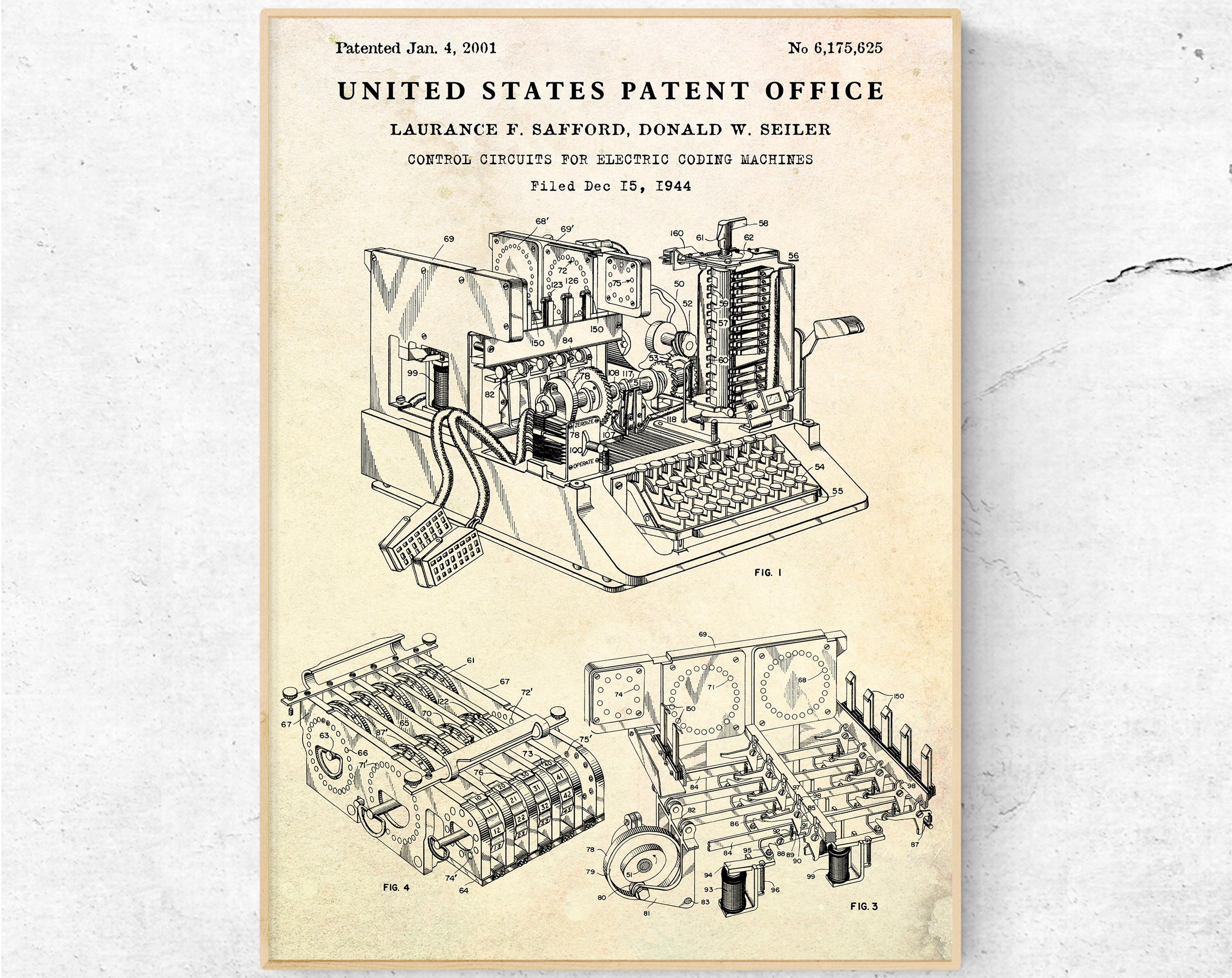 Coding Machine 1944 Patent Print. WWII Era Cryptographic Blueprint Poster Man Cave Decor Cryptographer Gift Military Cipher Machine Wall Art