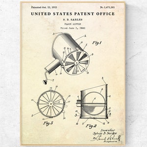 Flour Sifter 1923 Patent Print. Cooking Inventions, Baking Blueprint Poster. Kitchen Vintage Decor, Bakery, Bakehouse Wall Art