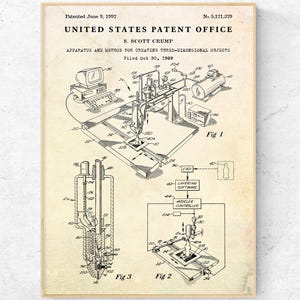 以下が含まれることがあります： 1992年6月9日付、S・スコット・クランプによる米国特許庁の額入り特許図。3次元オブジェクトを作成するための装置と方法を示す図で、詳細な技術図面とラベルが描かれています。