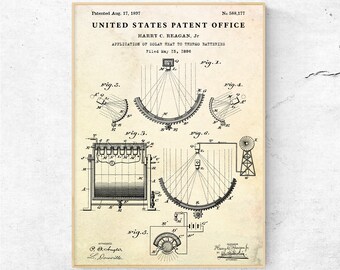 Solar Thermal Batteries 1897 Patent Print. 19th Century Inventions, Renewable Energy Blueprint Wall Art