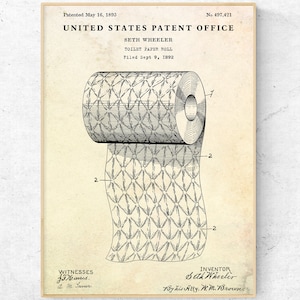Rotolo di carta igienica stampa brevettata. WC Vintage Invenzioni Blueprint Poster Lavatory Sign Toilet Wall Art, Ready to Hang Canvas, Bathroom Decor