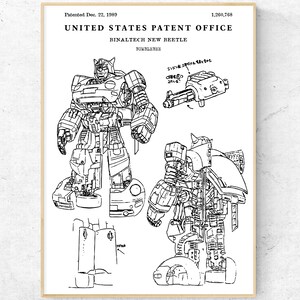 May include: Black and white line drawing of a robot transforming into a car. The robot is in a standing position with arms outstretched. The car is a Volkswagen Beetle. The drawing is labelled "UNITED STATES PATENT OFFICE" and "BINALTECH NEW BEETLE".