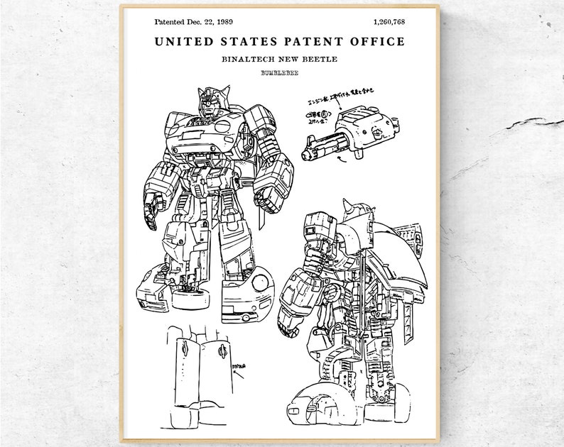 May include: Black and white line drawing of a robot transforming into a car. The robot is in a standing position with arms outstretched. The car is a Volkswagen Beetle. The drawing is labelled "UNITED STATES PATENT OFFICE" and "BINALTECH NEW BEETLE".