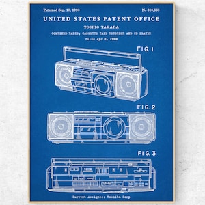 May include: A blueprint of a patent for a combined radio, cassette tape recorder, and CD player. The patent is titled "Combined Radio, Cassette Tape Recorder and CD Player" and was filed on April 8, 1968. The patent number is 310,668. The patent was granted to Toshio Takada and assigned to Toshiba Corp.