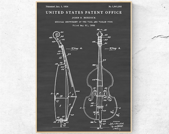 チェロ 1934年特許図面。楽器発明コントラバス設計図ポスター