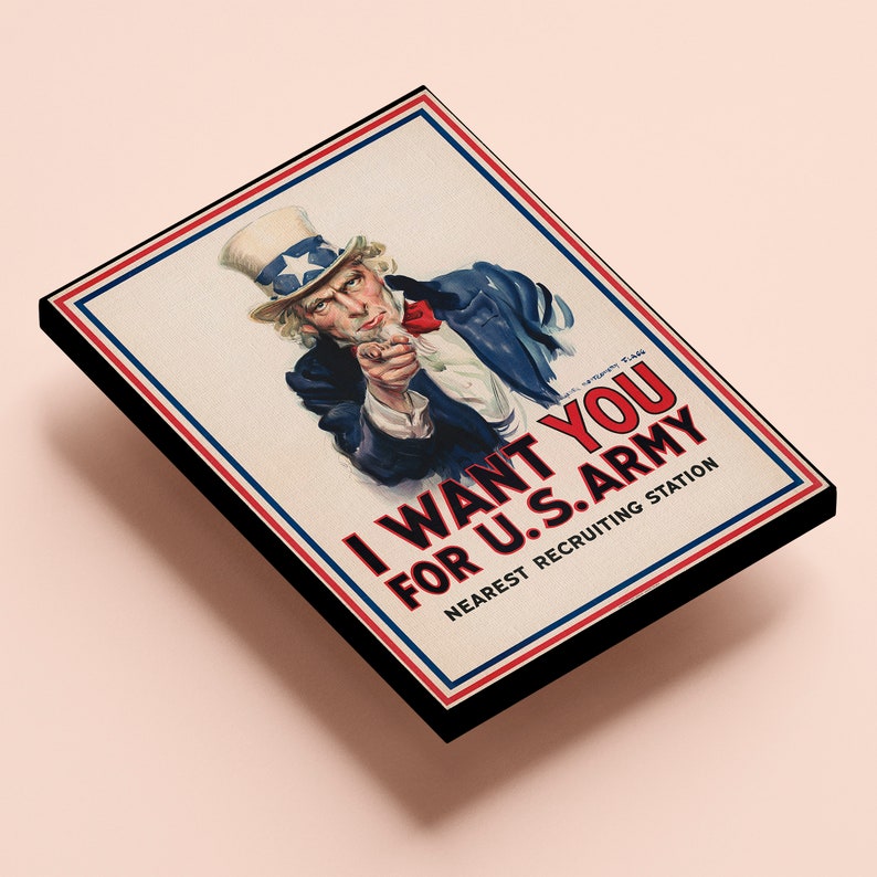 I Want You For US Army Poster, World War 1, Uncle Sam Vintage Wall Art, Military Print, History Buff Gift, Ready to Hang Canvas Stretched canvas