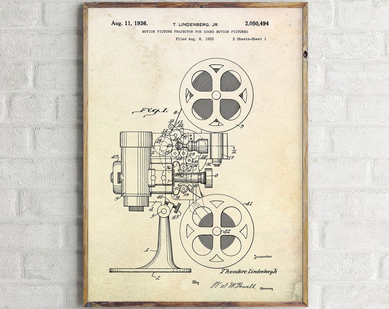 Projector Patent 1936. Patent Print. Movie Poster. Projector Patent. Home Theater Decor. Film Projector. Patent Wall Art. Patent Drawing. Old paper