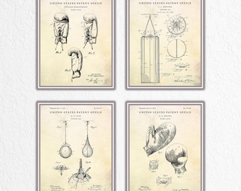 Boxing Patent Wall Art. Boxing Gloves, Punching Bag Inventions Blueprint Poster. Boxer Gift. Vintage Gym Decor. Set of 4 Prints