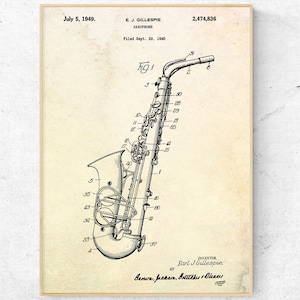 Saxophon Patent Druck. Blaupause Poster. Musiker Geschenk. Musik Zimmer Dekor. Sax Wandkunst. Jazz Illustration. Fertig zum Aufhängen Leinwand