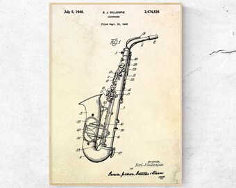 Saxophone Patent Print. Blueprint Poster. Musician Gift. Music Room Decor. Sax Wall Art. Jazz Illustration
