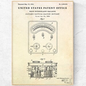 May include: A black and white illustration of a patent for a multirange electrical measuring instrument. The patent is for Hugh Sutherland Macaddie and was filed on June 13, 1933. The patent number is 1,950,502.