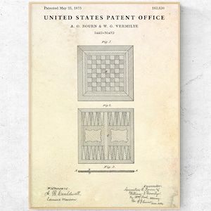 Schach & Backgammon Spielbrett 1875 Patentdruck, Vintage Tabletop Spiel Blueprint Poster, Antike Spielnacht Wandkunst, intellektuelles Geschenk