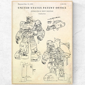 May include: A black and white line drawing of a robot transforming into a car. The robot is in two different poses, one standing and one crouching. The car is a Volkswagen Beetle. The drawing is labelled "United States Patent Office" and "Binaltech New Beetle Bumblebee".