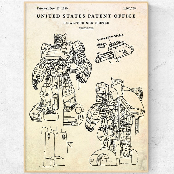 Bumblebee Patent Print, Transformer Robots Toys Blueprint Poster. Boys Room Wall Art. Ready to Hang Canvas