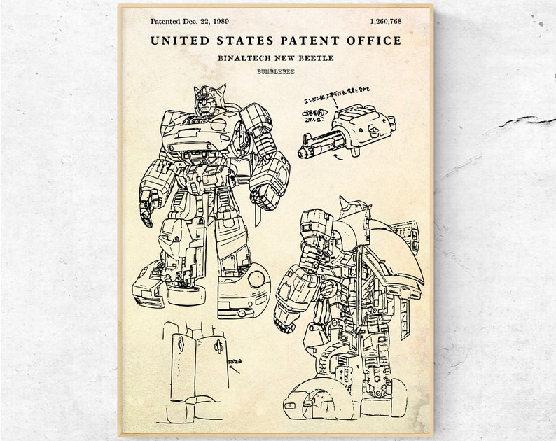 May include: A black and white line drawing of a robot transforming into a car. The robot is in two different poses, one standing and one crouching. The car is a Volkswagen Beetle. The drawing is labelled "United States Patent Office" and "Binaltech New Beetle Bumblebee".